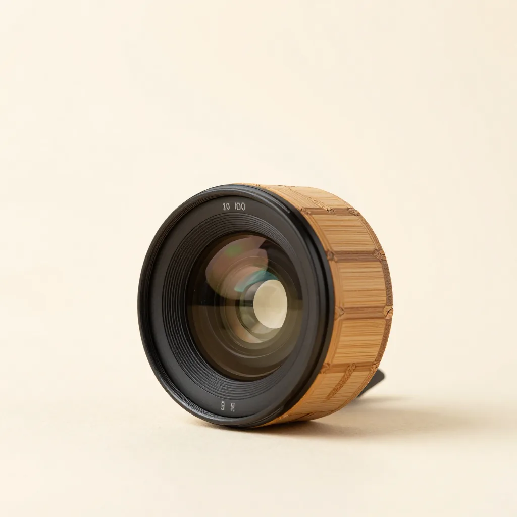 A bamboo clip-on lens on a light background