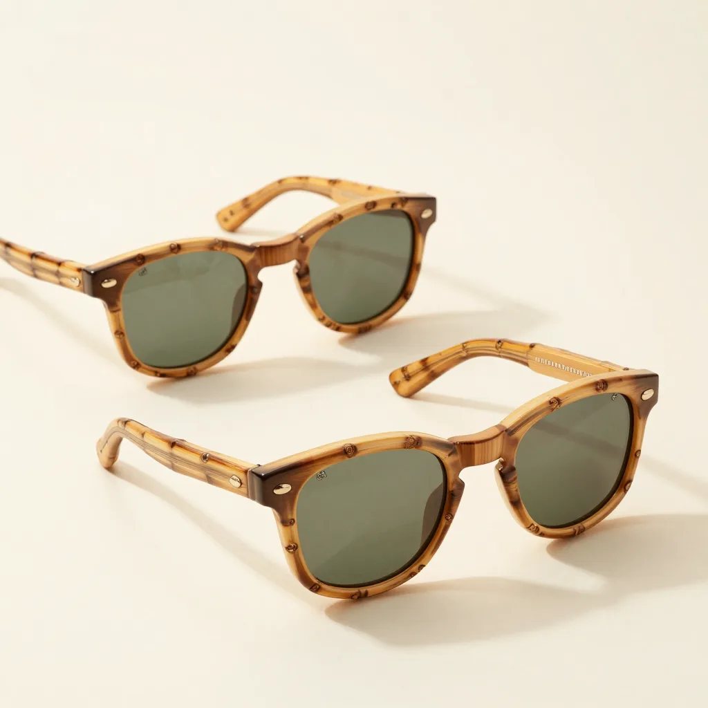 Two pairs of bamboo sunglasses on a light background