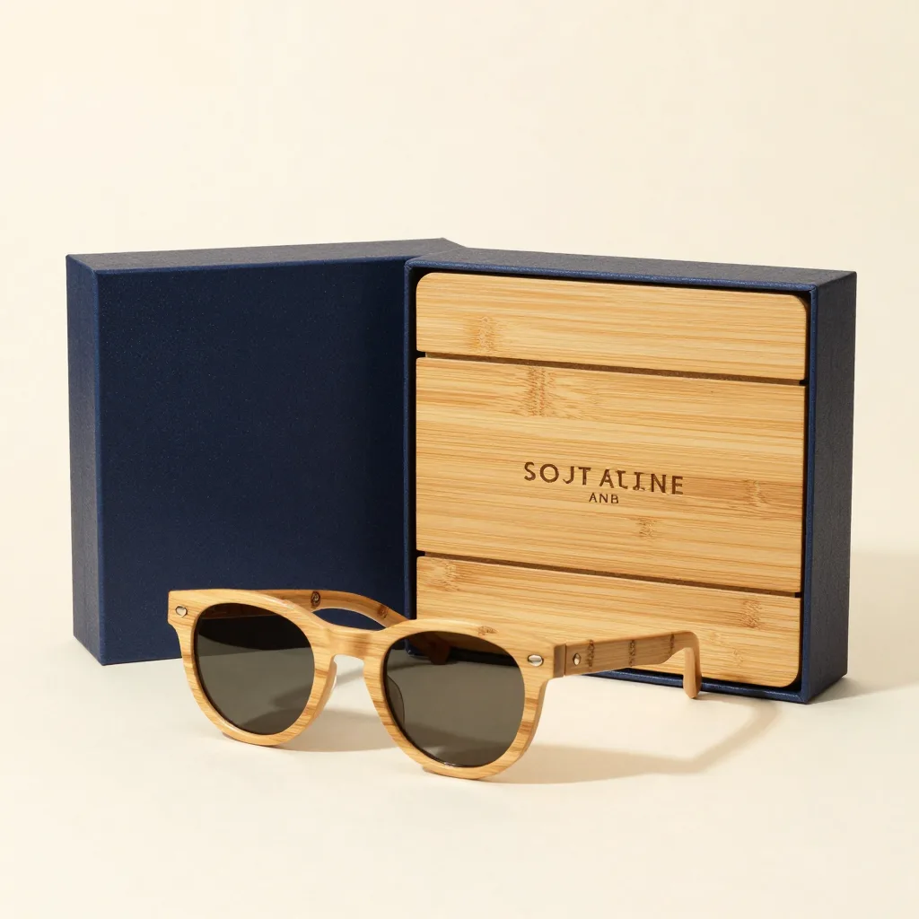 A bamboo sunglasses gift set on a light background